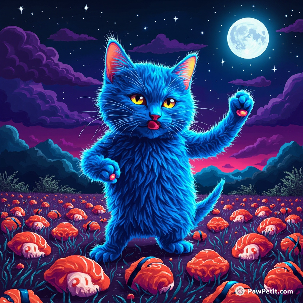 Cat with neon blue fur doing an interpretive dance in a field of petrified sushi under a psychedelic moonlight.
