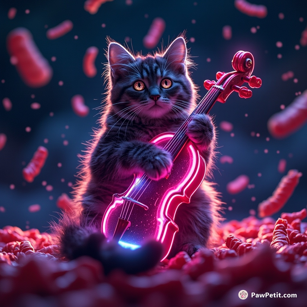Cat playing a neon cello on an asteroid under a rain of licorice, with eyes sparkling like fireworks.