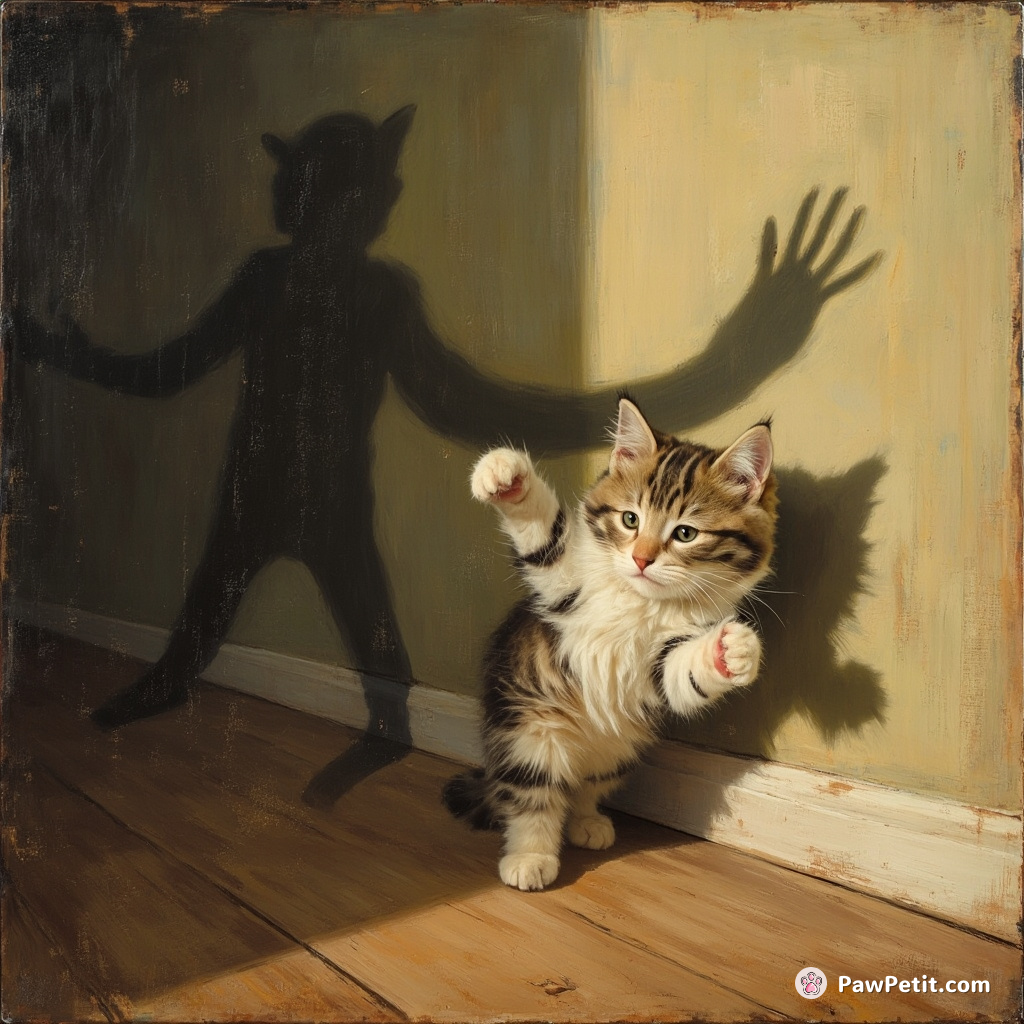 Cat pounces on a shadow, convinced it's a human mysteriously appearing and disappearing.