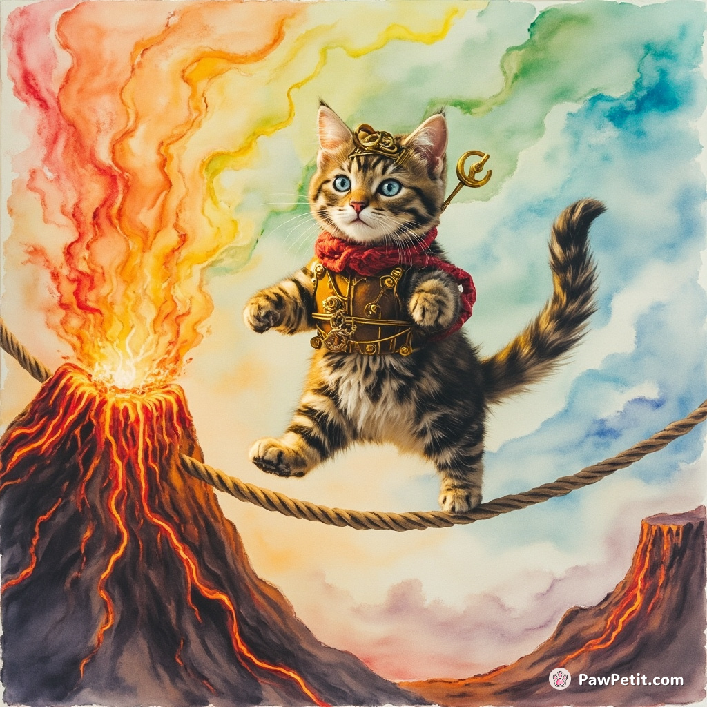 A steampunk cat attempting a tightrope walk over a volcano with rainbow lava.