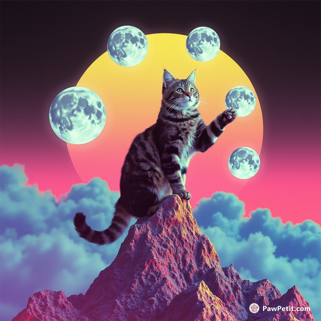 A tabby cat juggling multiple moons while standing upright on the highest peak of a multicolored mountain.