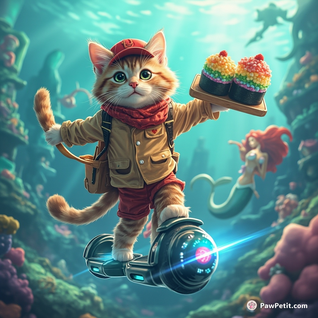 A cat dressed as a pizza delivery person on a hoverboard delivering rainbow sushi to mermaids in an underwater city.