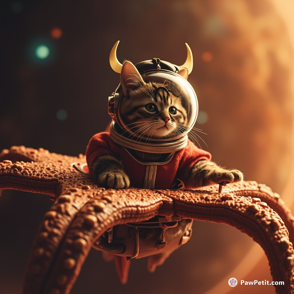 Cat embarked on a Mars mission, commanding a starfish-shaped spaceship, wearing a monocle and a Viking helmet.