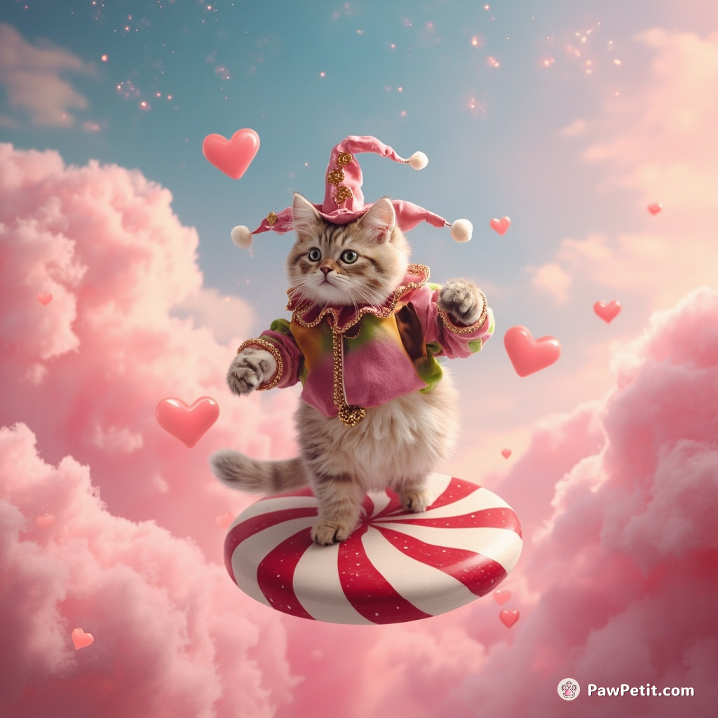 A jester cat dancing on a hovering peppermint candy in the midst of sparkling cotton candy clouds.