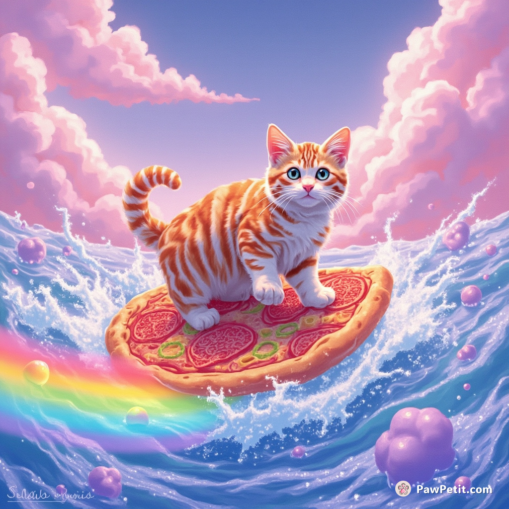 A cat surfing on a rainbow slice of pizza in an ocean of stippled lavender carbonated soda under a cotton candy cloud sky.