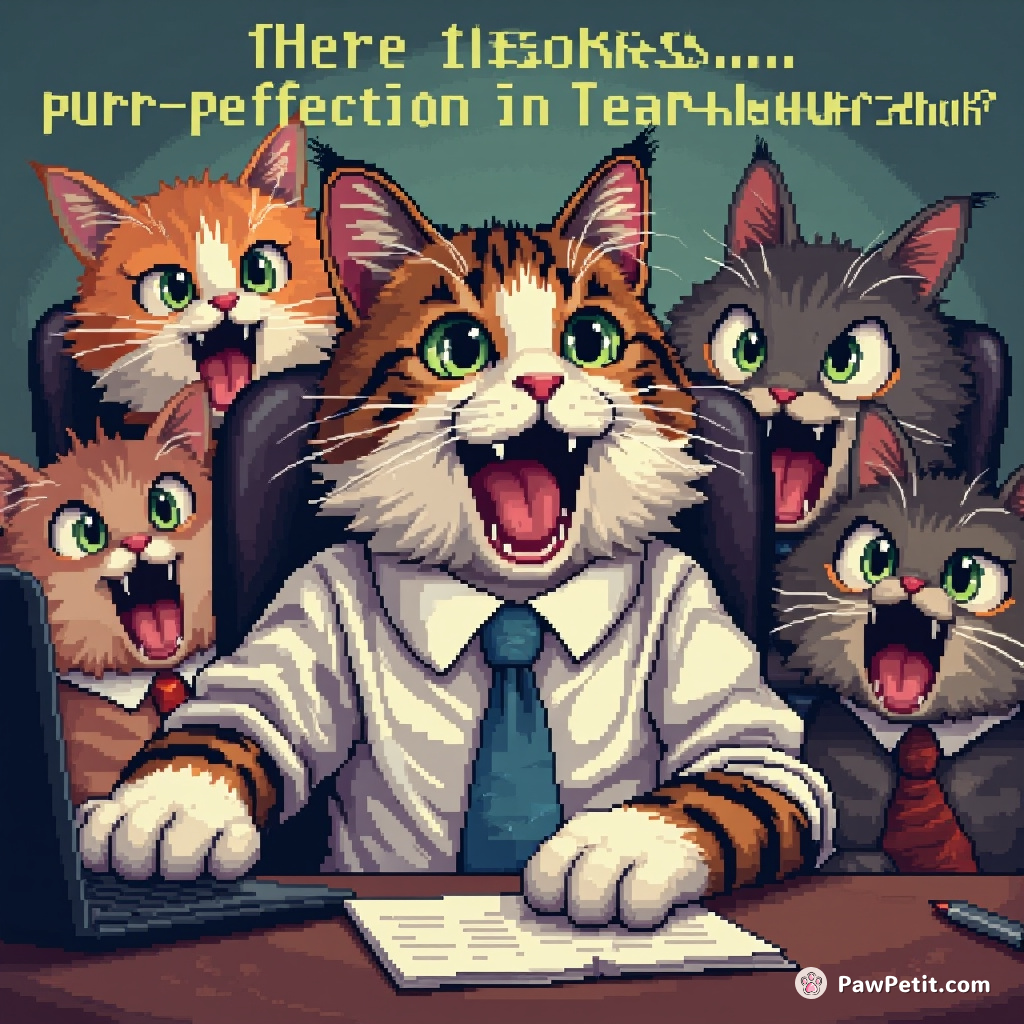 Cat wearing a tie, claws at laptop, Zoom-bombing meeting with meows, "Here to discuss...purr-fection in teamwork!