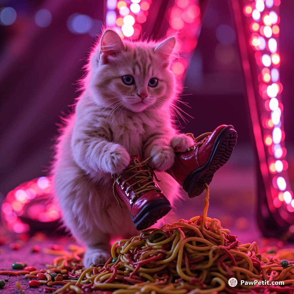 A neon pink cat untying the shoes of a robotic chicken while duskily moonwalking atop multicolored spaghetti lit by Bollywood-style disco lights.