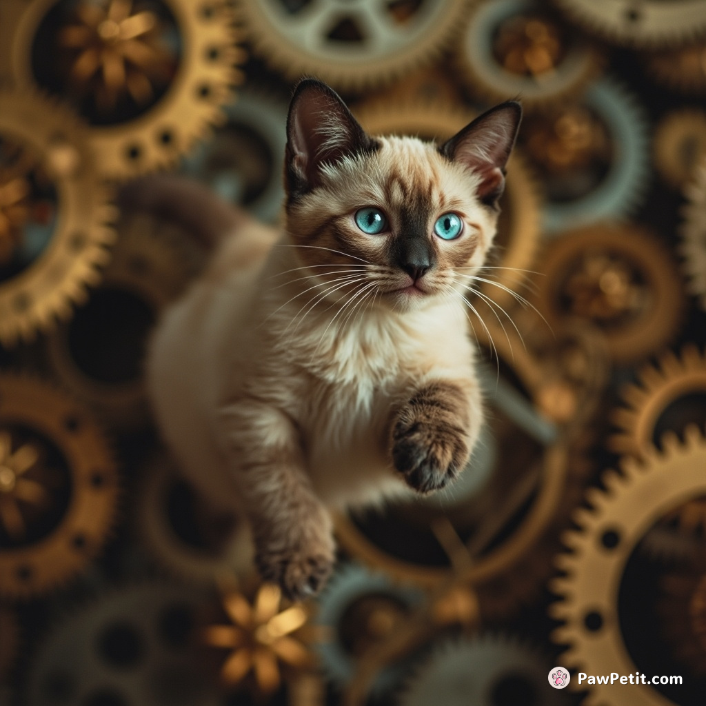 A sleek feline leaps gracefully through a labyrinth of spinning gears, narrowly dodging each metallic whirl.