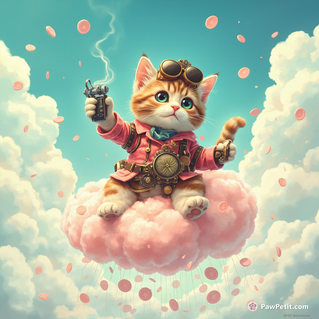 A steam-punked cat riding a cotton candy cloud making it rain computer chips on an otherwise sunny day.