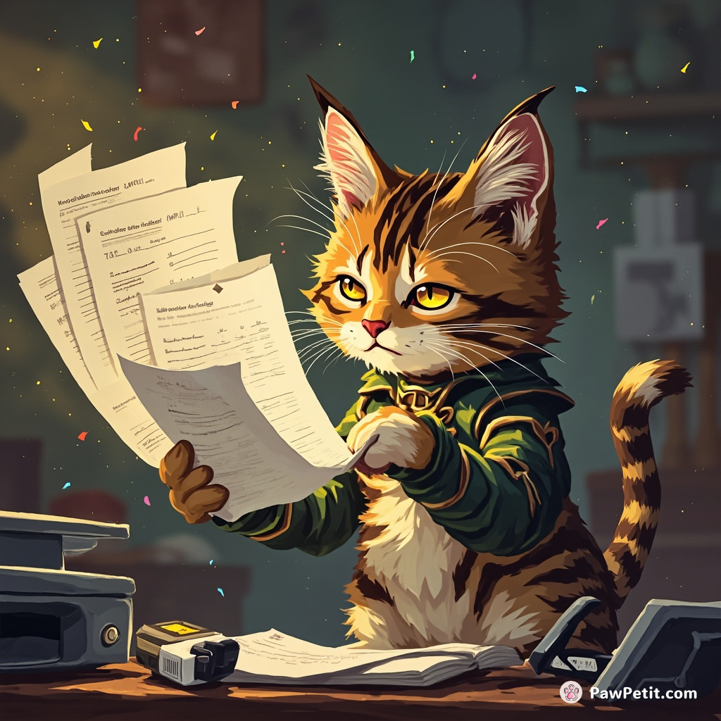 Cat files taxes, glaring at W-2s while swatting ink cartridge from desk printer with one paw in frustration.