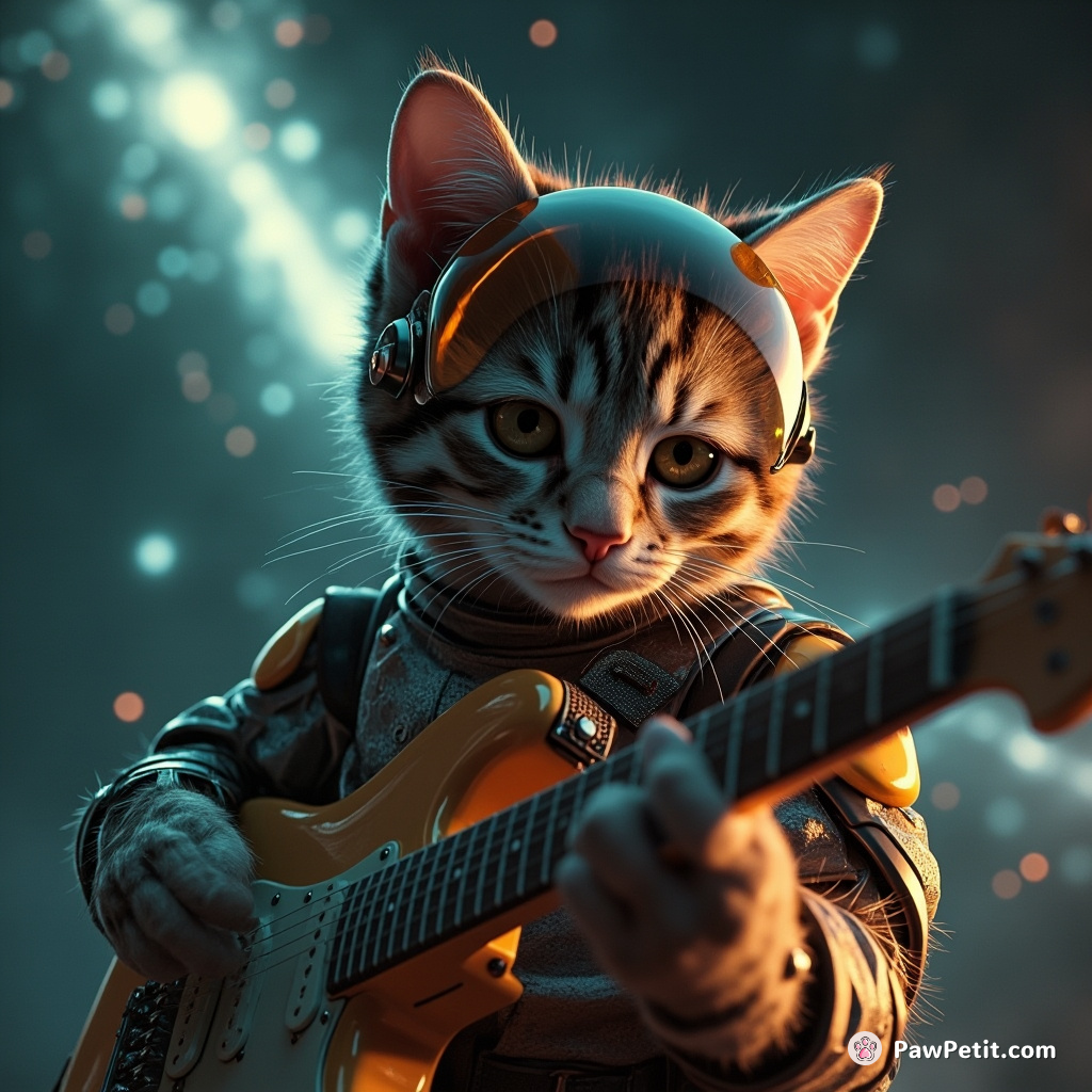 Cyborg cat playing a vintage electric guitar in a meteor shower.