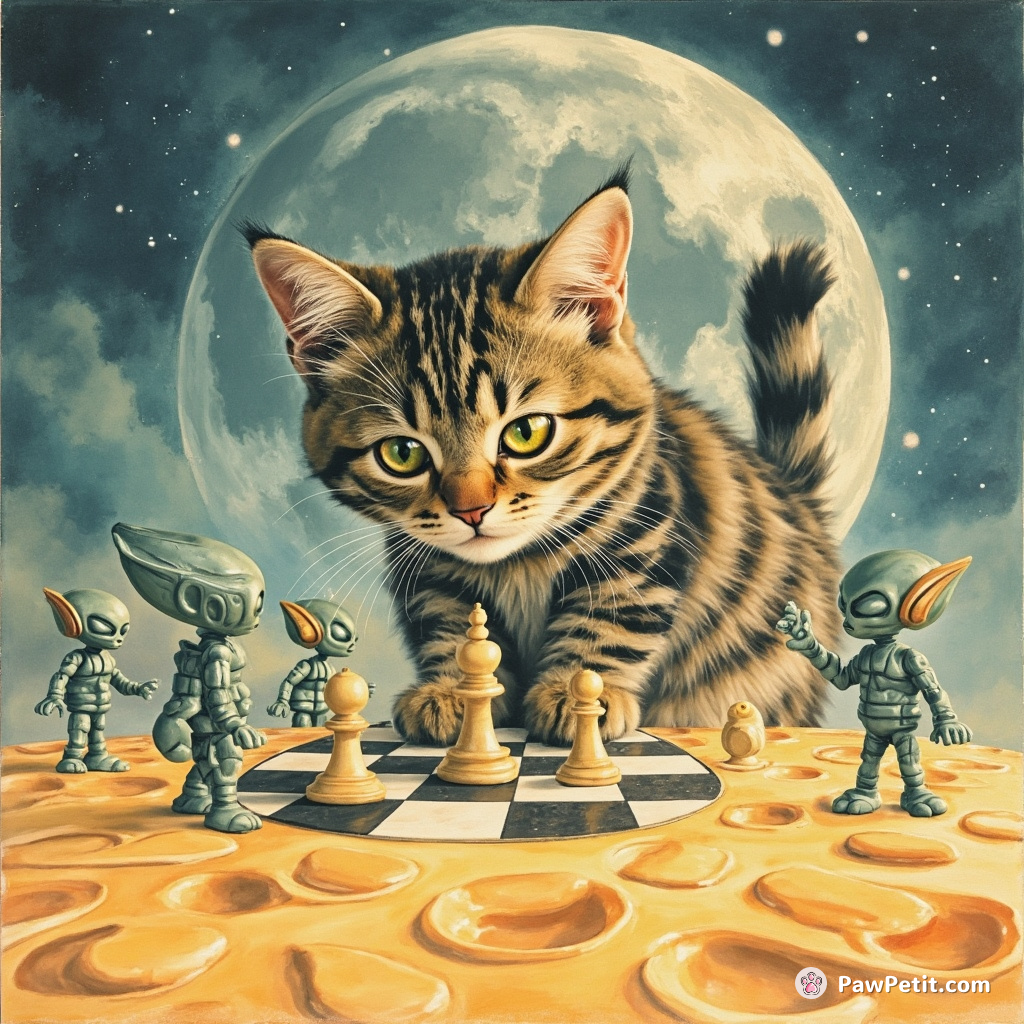 A giant tabby cat playing chess with miniature aliens on the surface of a Cheesemoon.