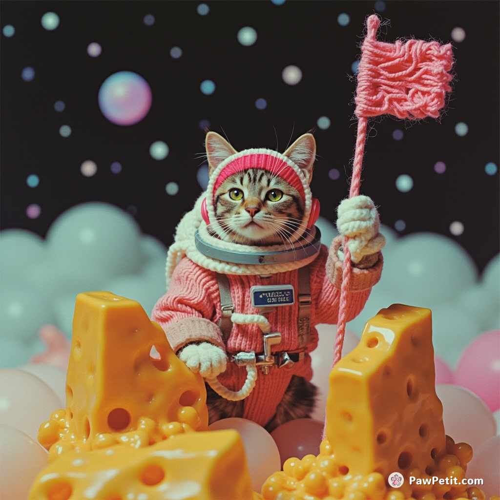 Cat in astronaut gear planting a flag made of yarn on a cheesemoon.