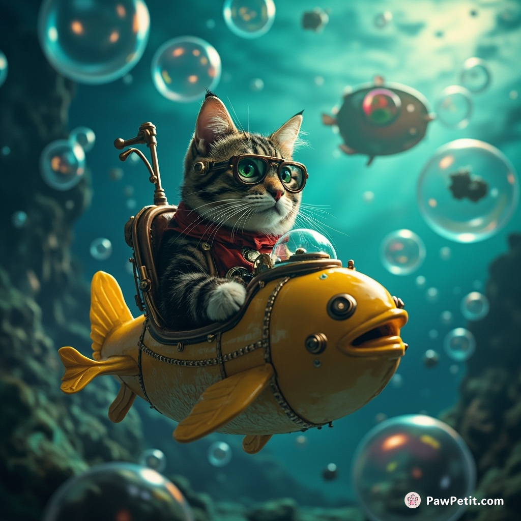 Steampunk cat piloting a flying fish submarine in an underwater Bubble City.