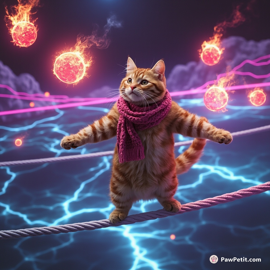 A ginger cat performing a high-wire act above a glistening neon ocean, while juggling fireballs with his tail.