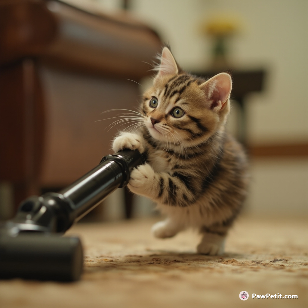 Mistaking the vacuum's roar as a feline acknowledgement, Paws daily attempted tail-chasing propulsion into lively "meow" meetings.