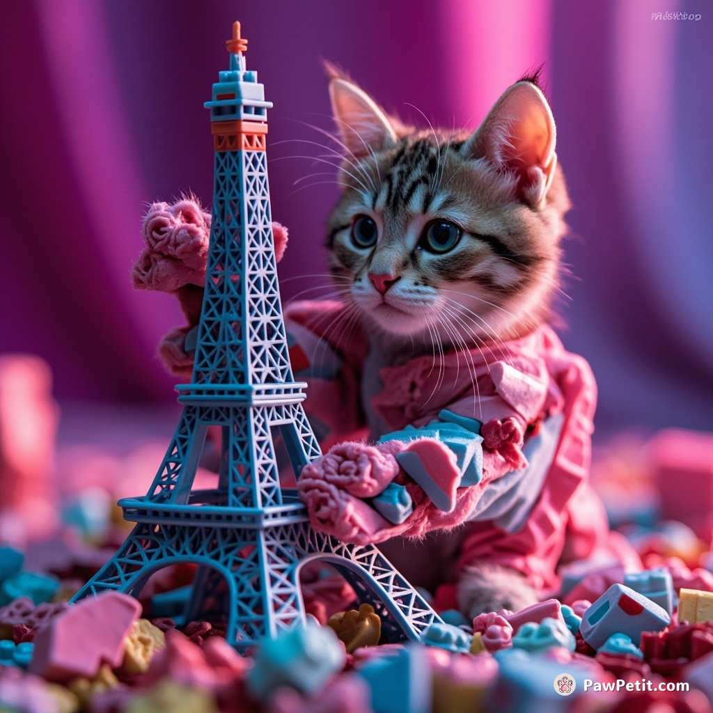 A cybernetic cat assembling a miniature version of the Eiffel Tower using geometrically impossible legos made of marbled cheesecake.