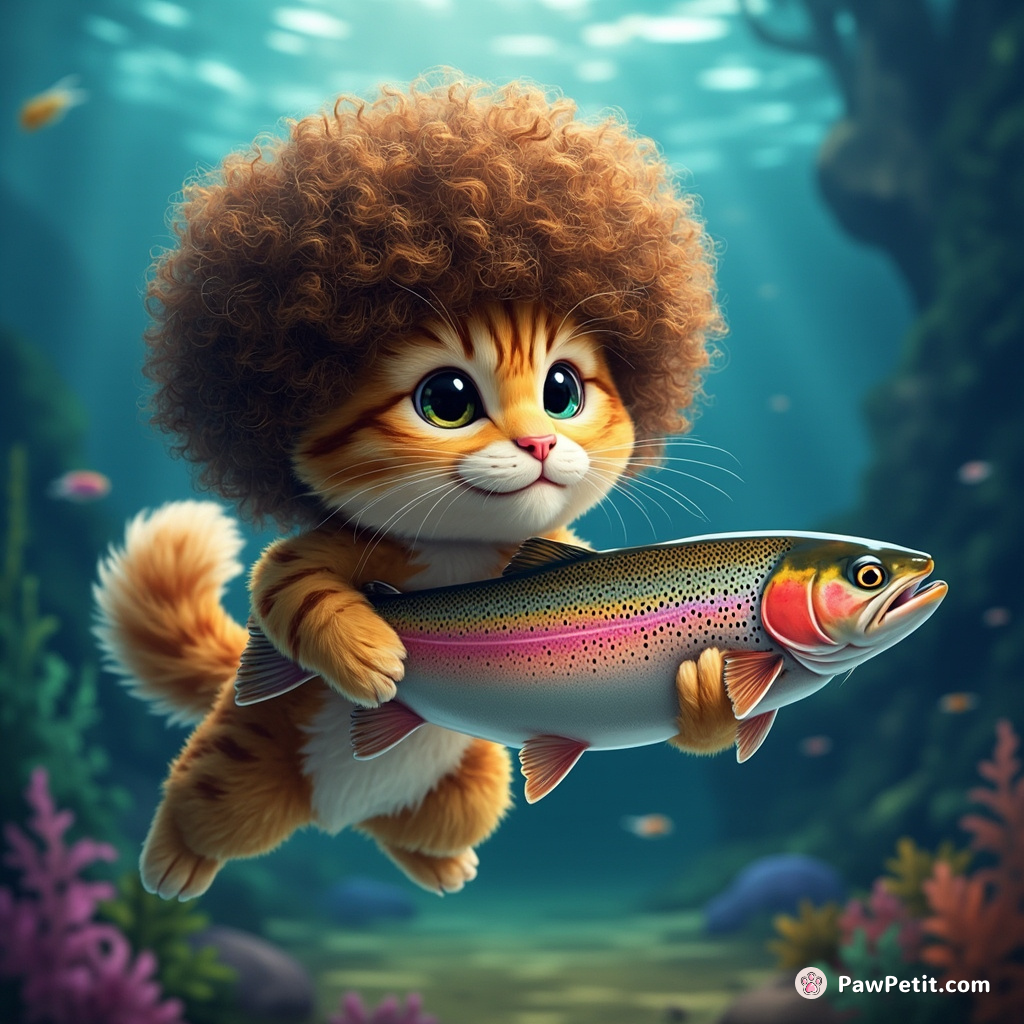 Cat painting rainbow trout with Bob Ross wig in underwater studio.