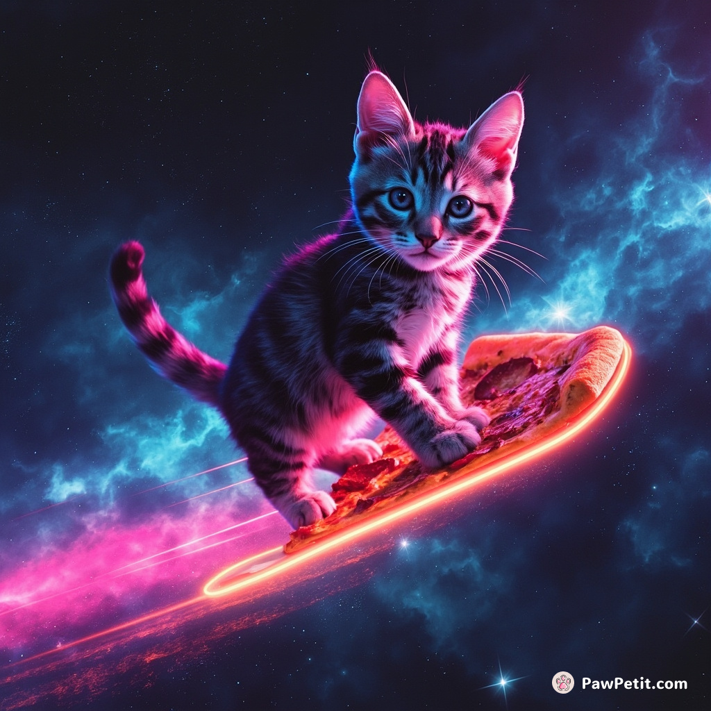 Cat surfing on a slice of pizza through a nebula in space.