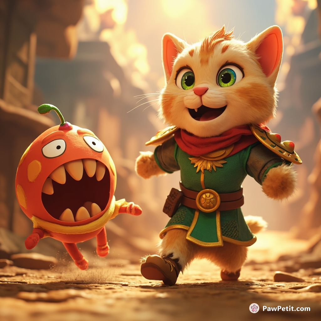 In Purrlandia, Sir Whiskers, the brave cat knight, saved Lady Lola by slaying the malicious Mozzarella monster by fiercely pouncing.