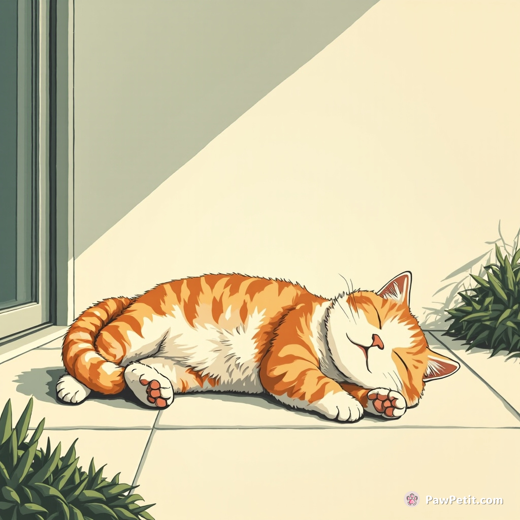 The cat sprawls on the patio, eyes closed, basking in the sun with a blissful, human-like sigh.