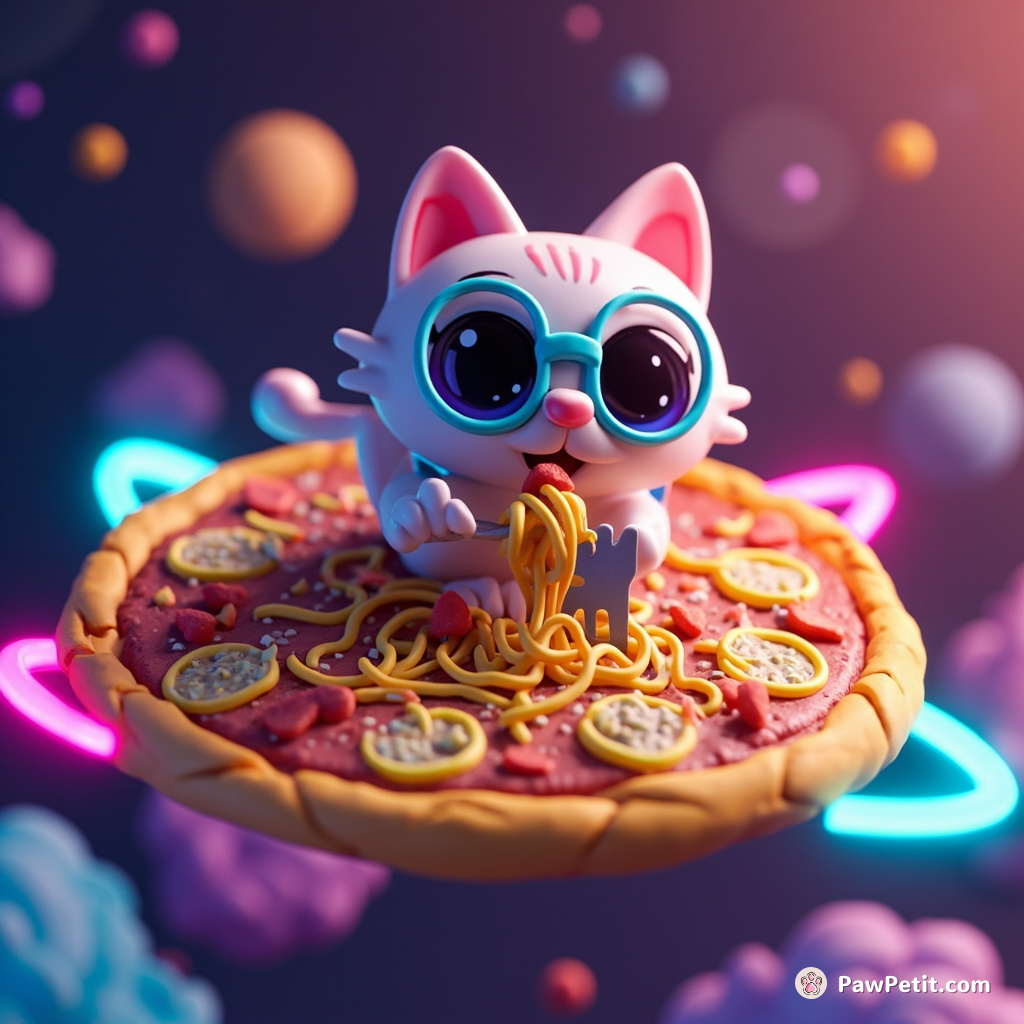 Cat using a spork to eat neon spaghetti on a floating pizza in space.