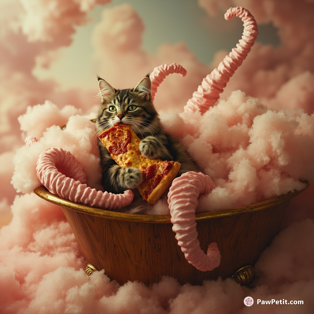 A cat eating pizza with alien tentacles while floating in an antique wooden bathtub within a candy floss cloud.