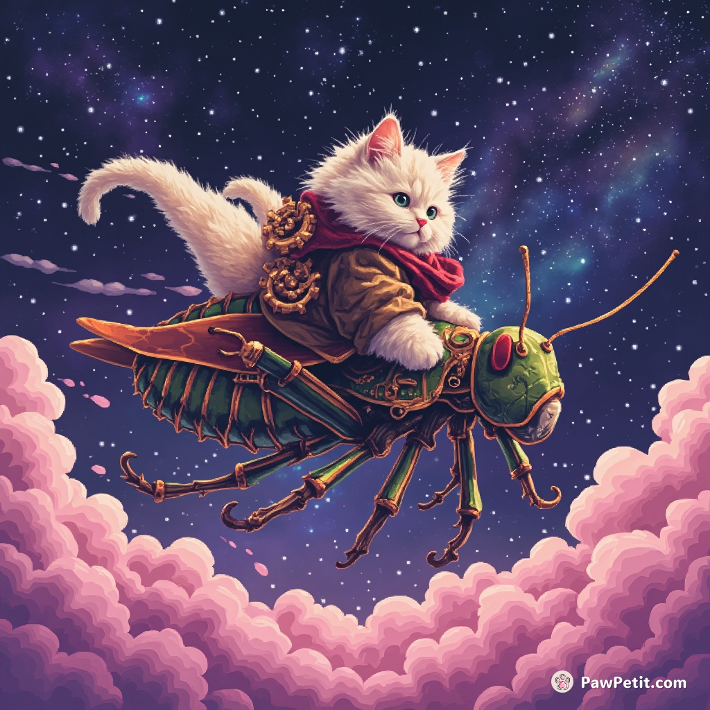 A fluffy steampunk cat riding atop a giant mechanical grasshopper through the milky way, leaving behind streamers of cotton candy fog.