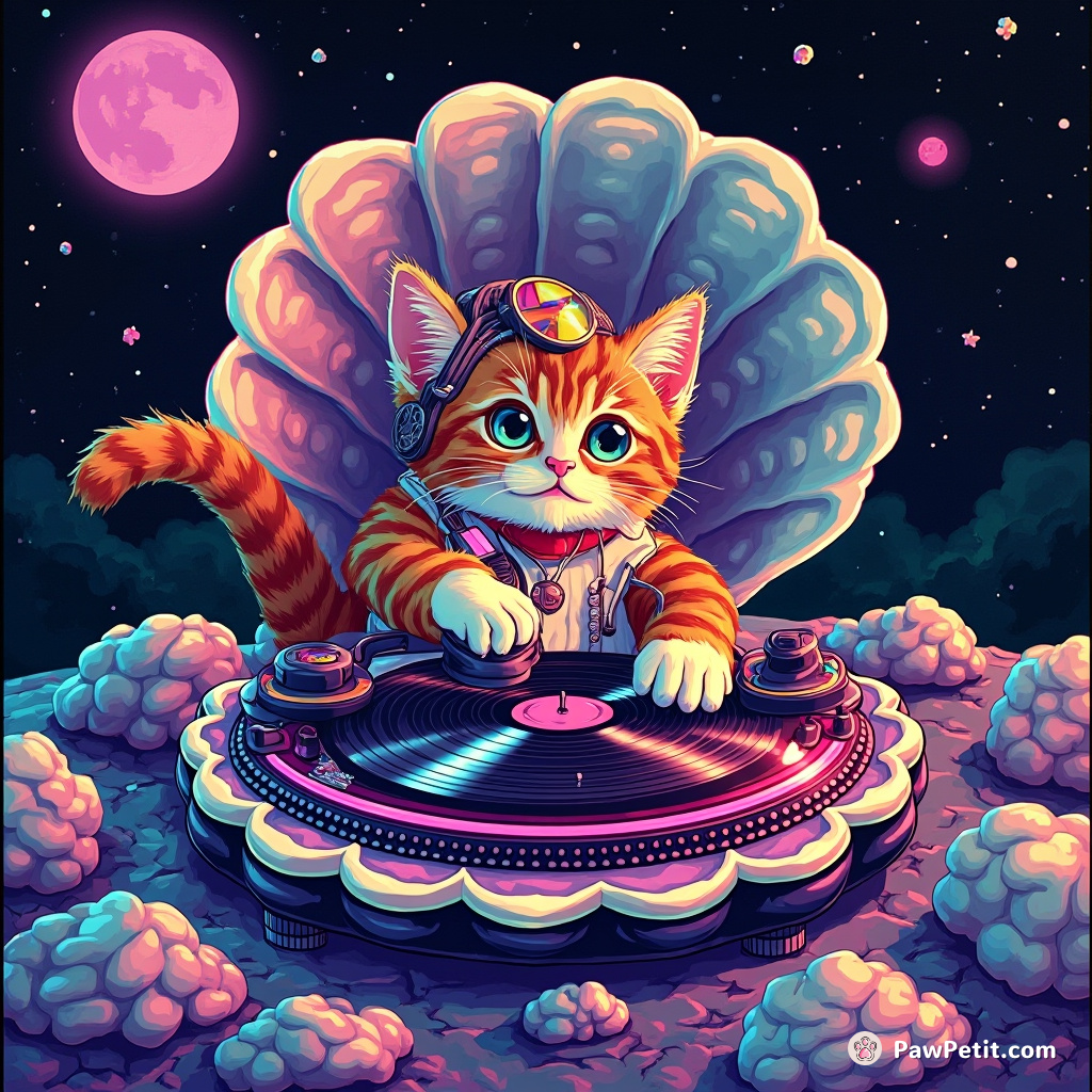 A party-loving, disco cat DJ spinning mix-tapes on fish-shaped turntables in a giant clamshell on the moon.