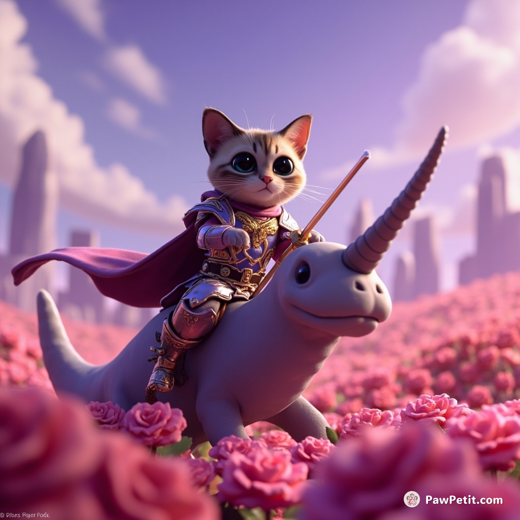 A regal Siamese cat knight holding a shining sword, riding a burly narwhal through a field of magenta roses under an emerald city-purple sky.