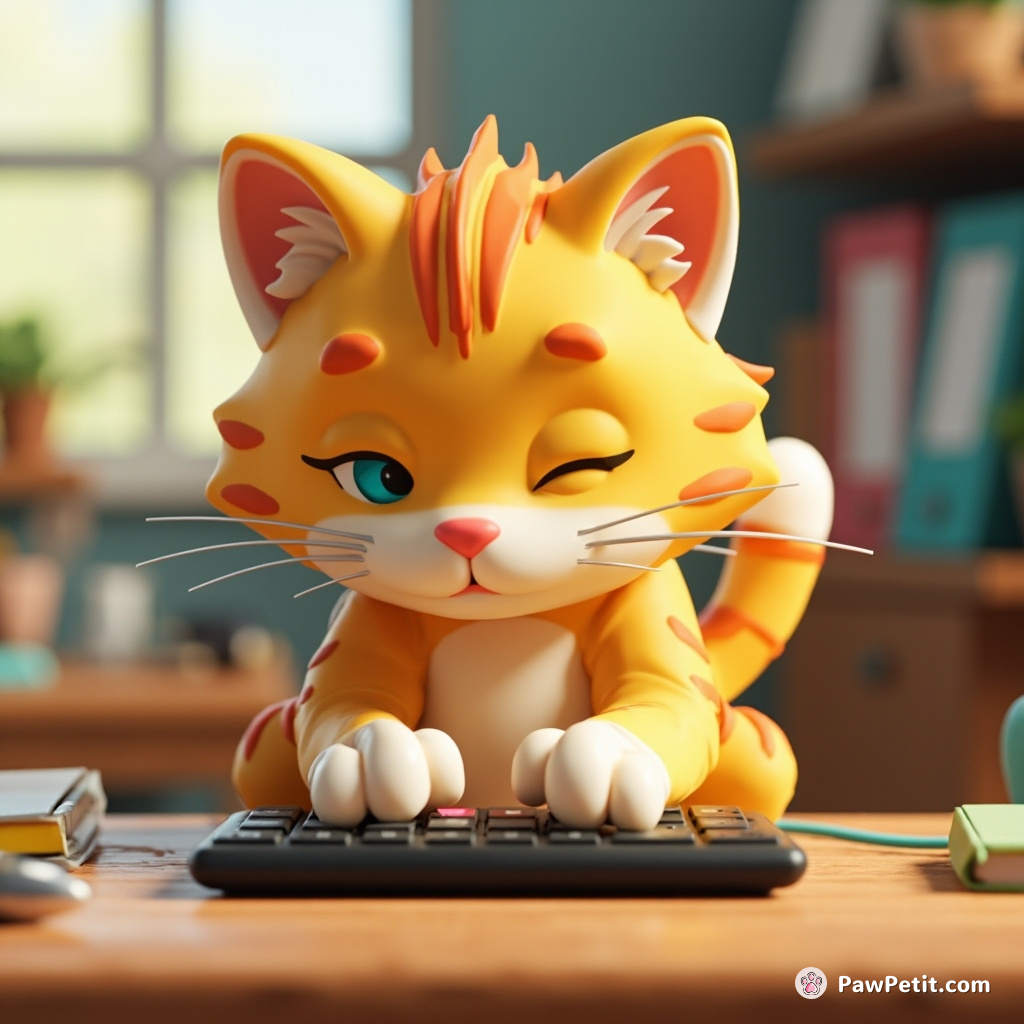 The cat sits at a desk, intently typing on a tiny keyboard with its paws, whiskers twitching with concentration.