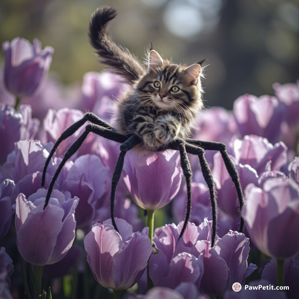 Cat gracefully dancing flamenco on spindly spider legs atop a bloom of oversized lavender tulips in zero gravity.