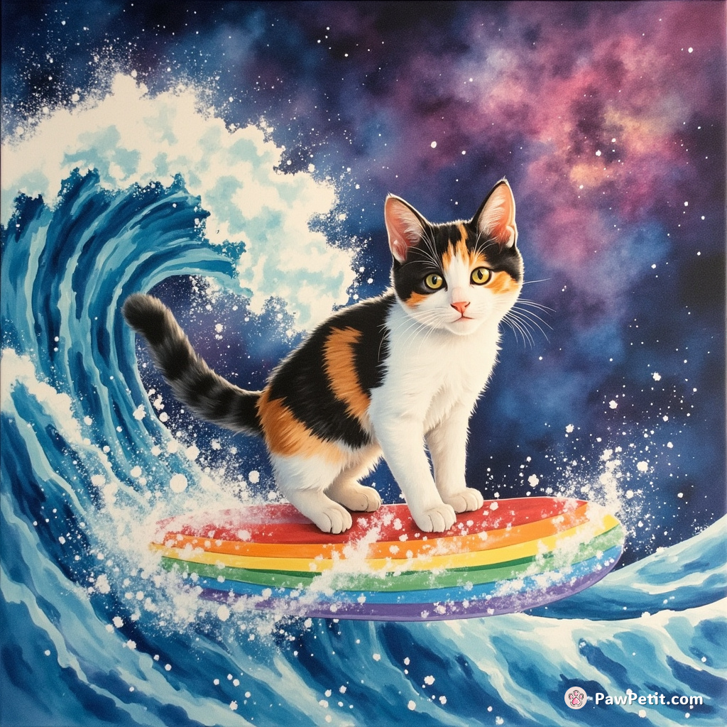 A calico cat surfing a rainbow wave in a galaxy of sushi.