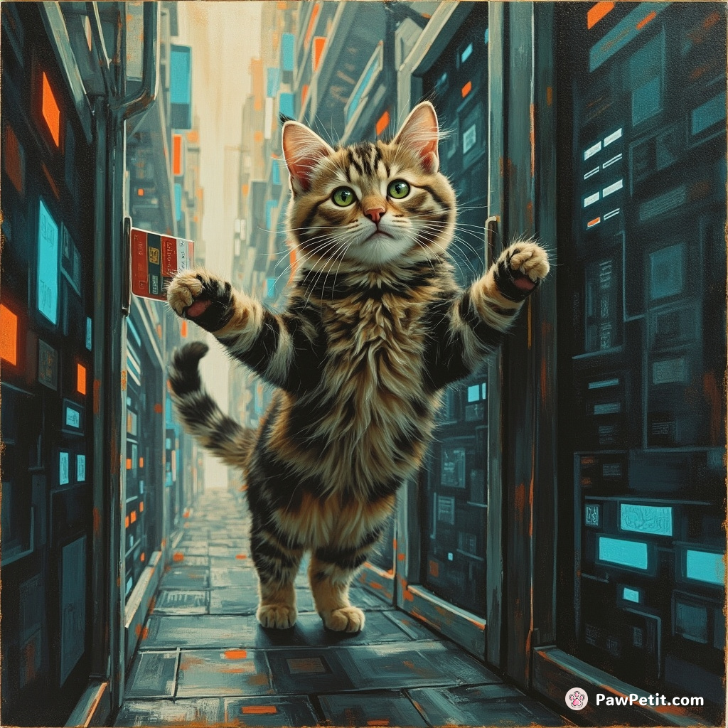 In the cyber-city's maze, a cat expertly bypasses advanced biometrics, deftly paw-swipes an access card towards liberty.