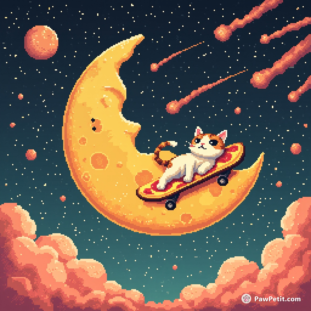 Cat lazily circumnavigating a cheese moon on pizza skateboards, dodging flying fish sticks as meatball meteors shower the background.