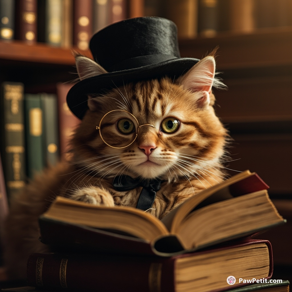 A classy orange tabby cat browsing antique books in a floating library with a monocle and top hat.