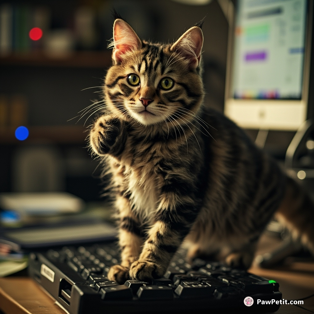 The cat arrogantly struts on a keyboard, convinced it can code better than any human programmer.