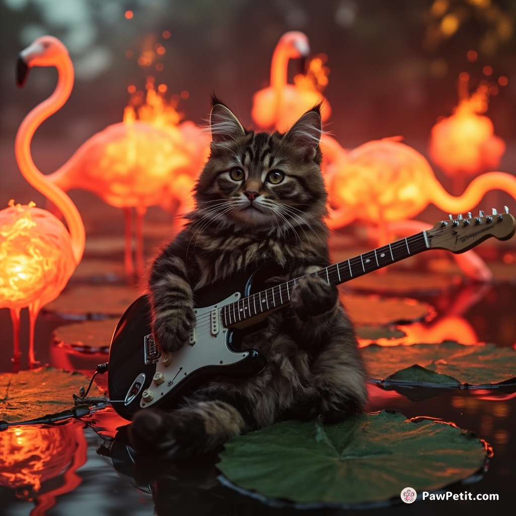 A cat playing electric guitar on a lily pad in the middle of an oasis, surrounded by fire-breathing florescent flamingos.