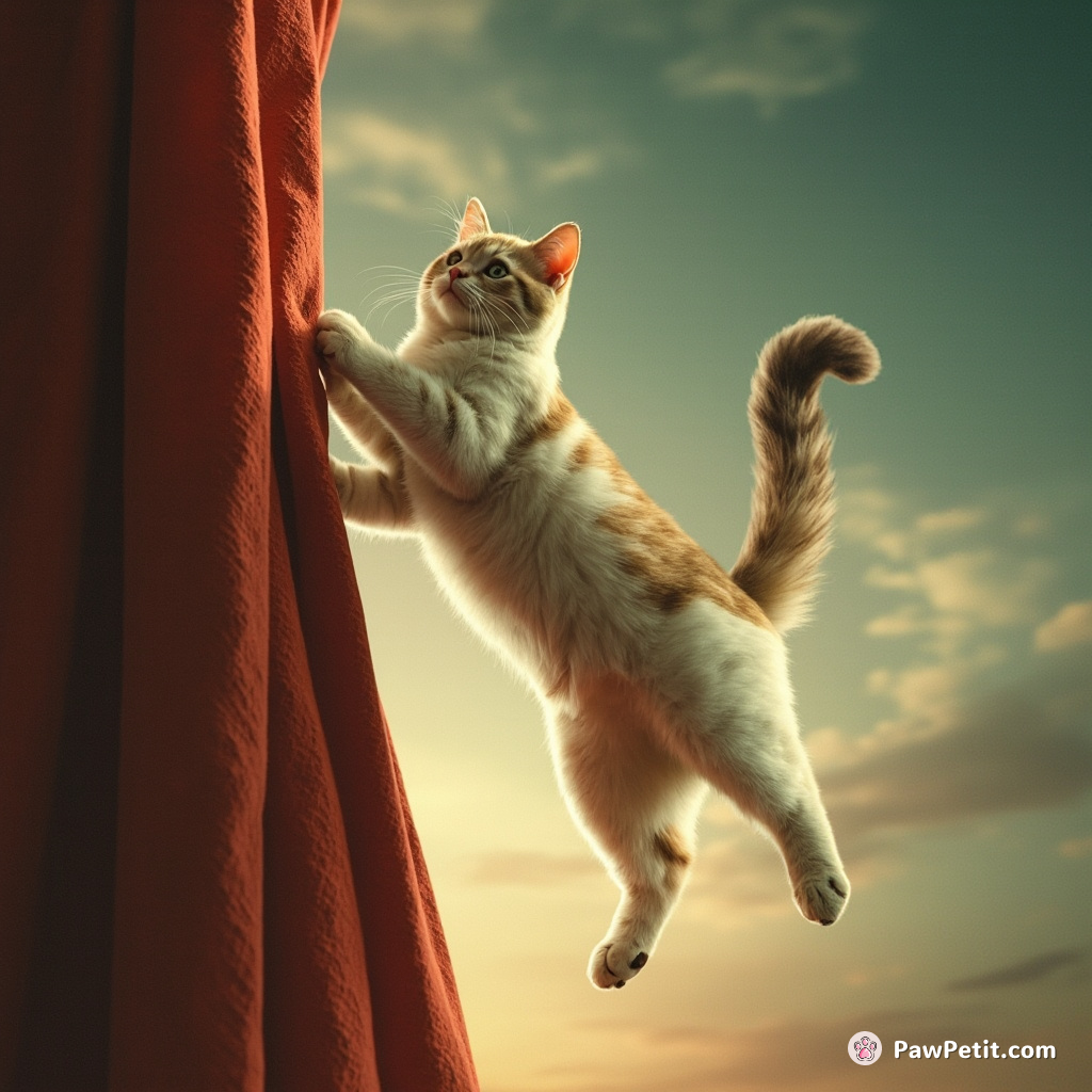 In the Great Cat-Human Climbing Race, Chairman Meow scales the colossal curtain in a fluid gymnastic feat.