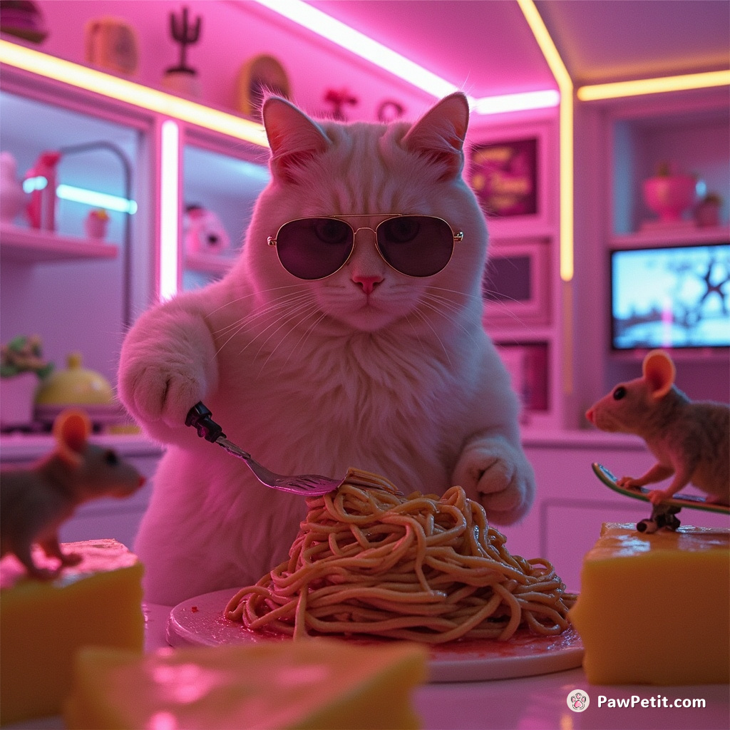Cat cooking spaghetti in its neon kitchen while skater mice perform tricks on slices of cheese.
