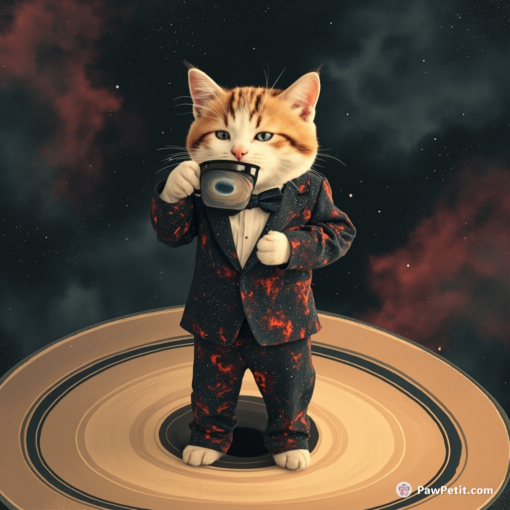 Cat sipping cosmic tea from a black hole teacup, sporting nebula-patterned posh suit while standing on the rings of Saturn.