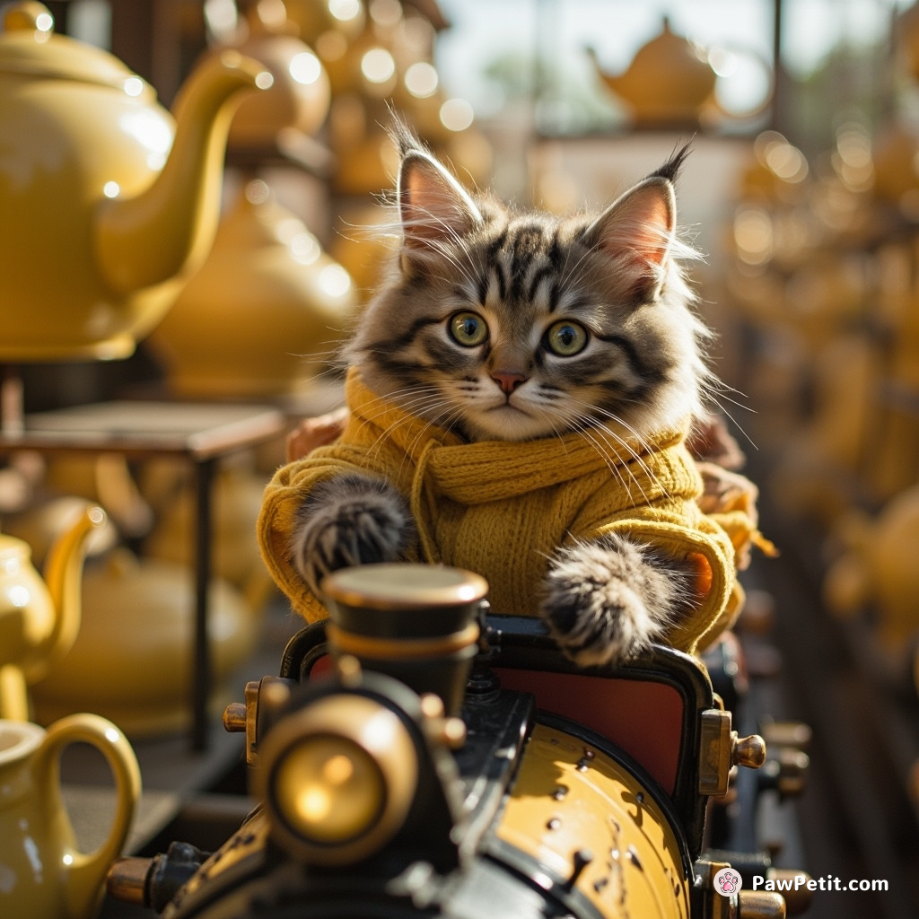Alien cat driving miniature steam-powered train through a soft cheese gala in an antique teapot village.