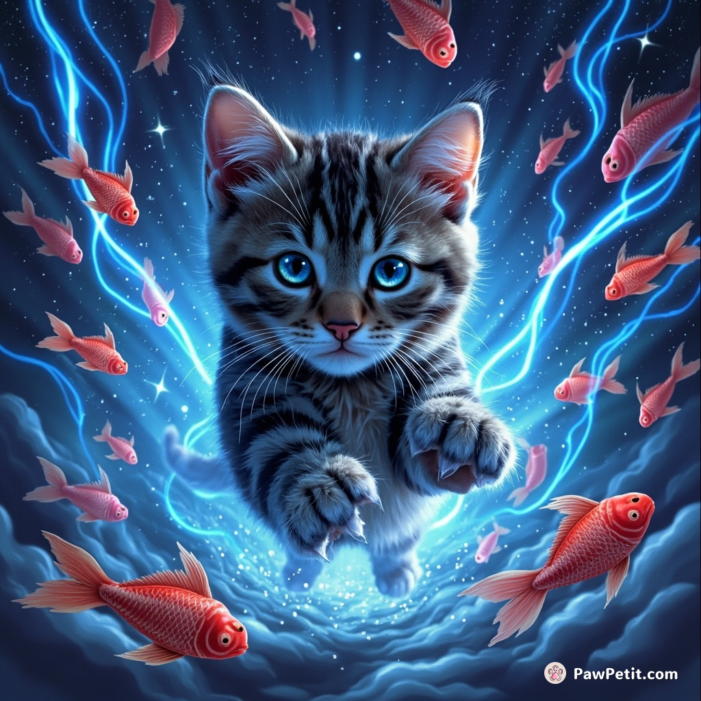 The cat eagerly swipes fierce claws through cascading streams of digital, neon faux-fish in a starry virtual realm.