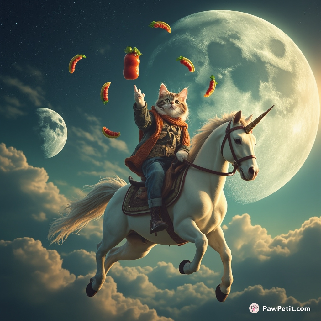 Cat riding a unicorn under a triple-moon sky, juggling hot salsa tacos.