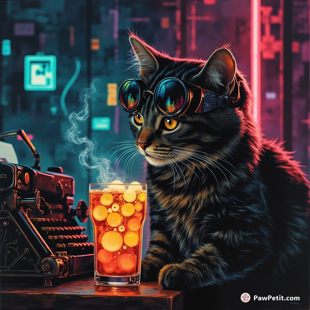 Cyberpunk cat brewing glow-in-the-dark bubble tea while using a steampunk typewriter.