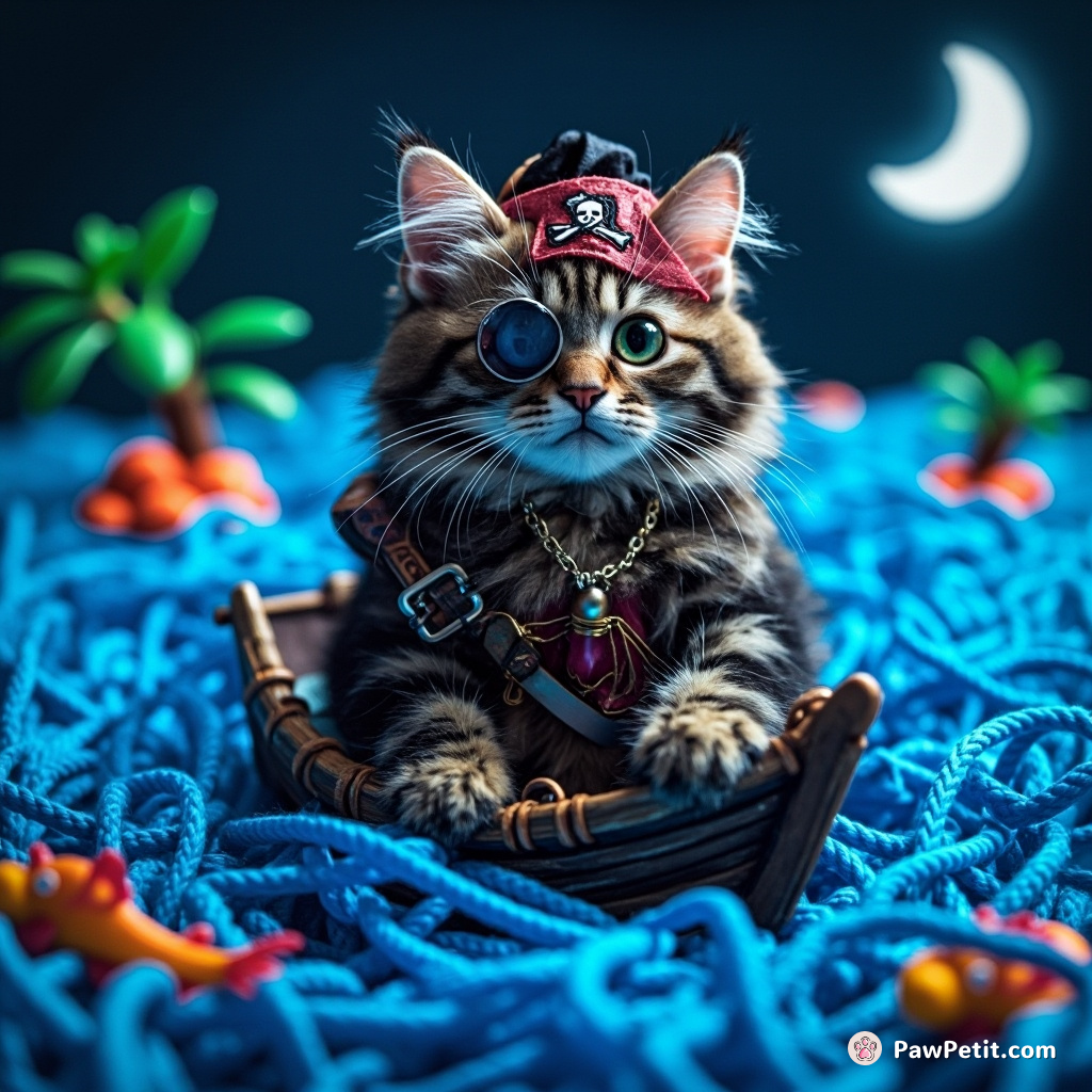 A one-eyed pirate cat sailing on a sea of blue yarn with tropical fish islands.