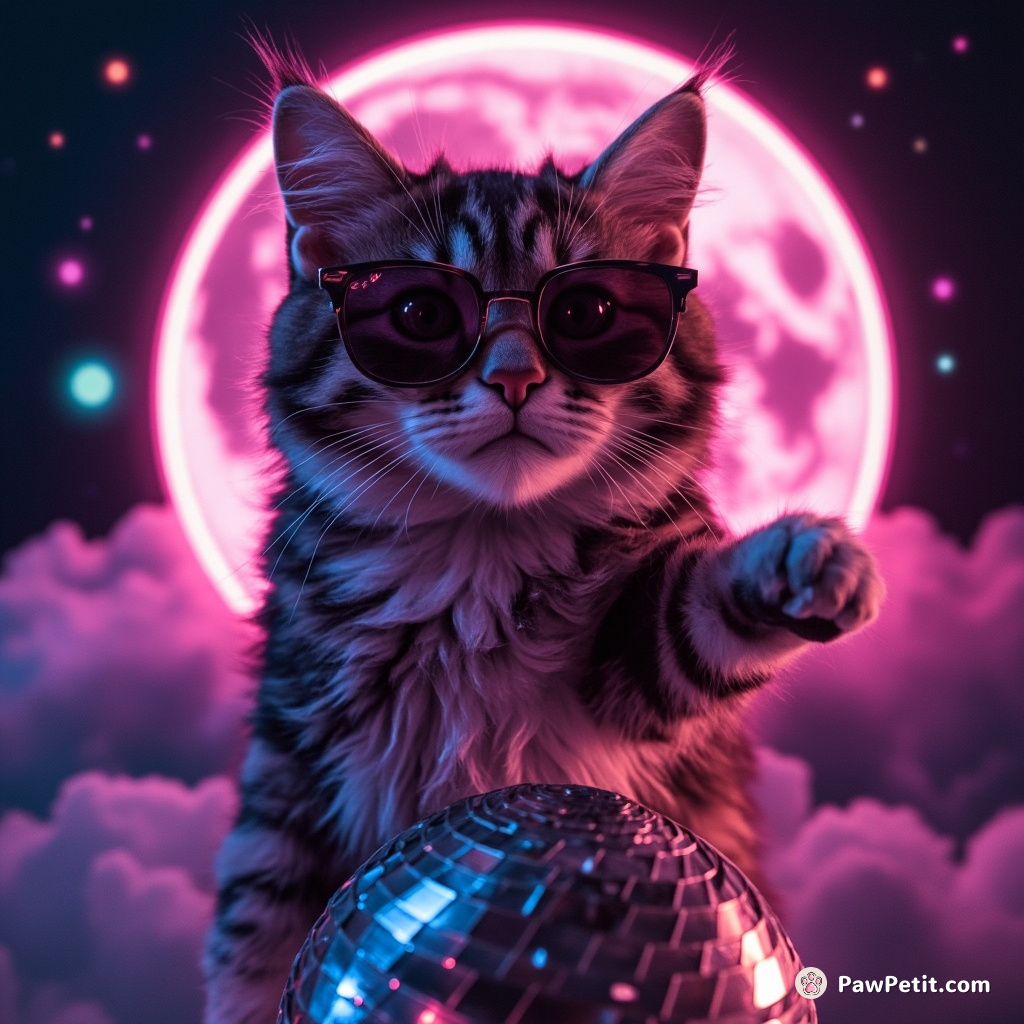 A neon cat breakdancing on a discoball moon with sunglasses on, winking at the viewer.