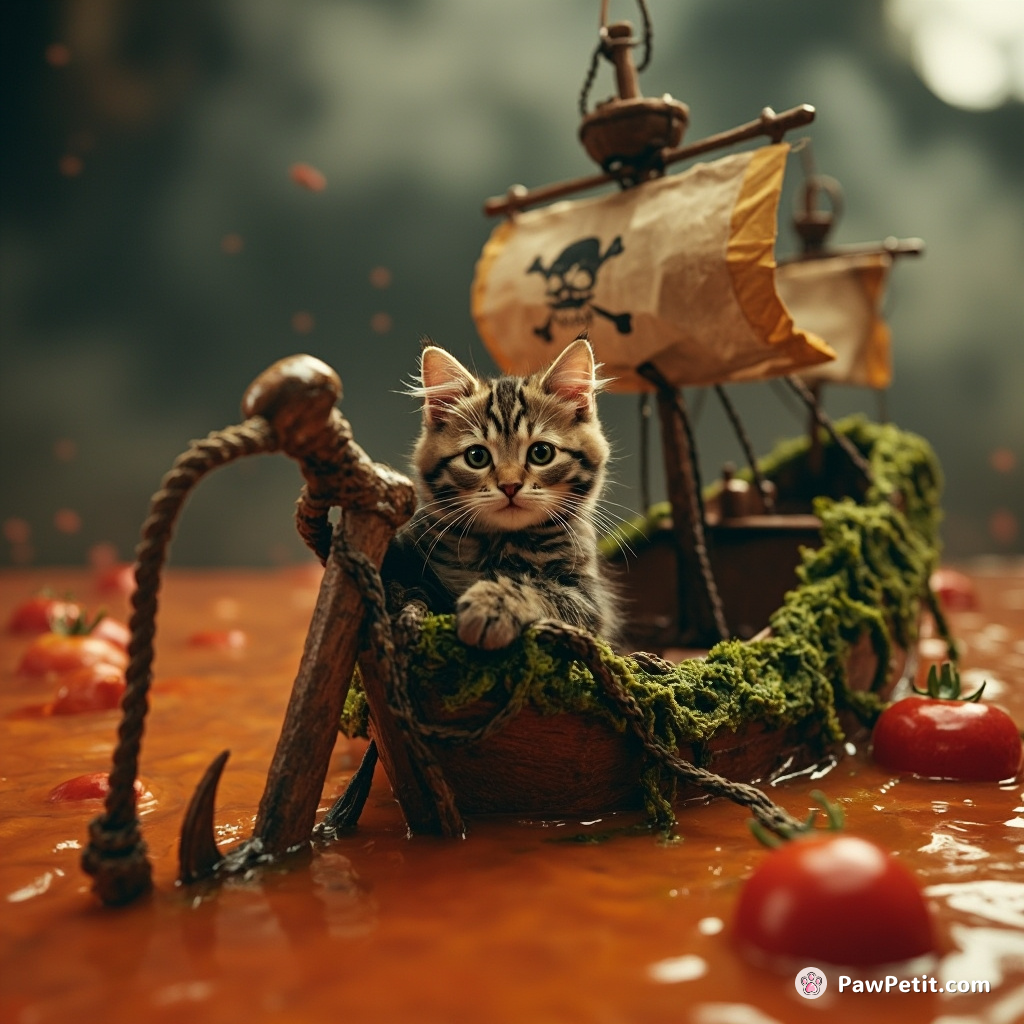 Cat dropping anchor from a seaweed-coated pirate ship floating in a tomato soup sea.