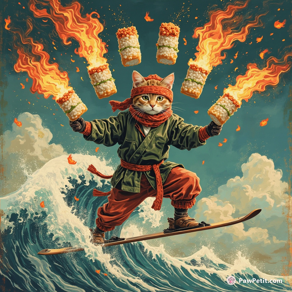 A ninja cat juggling flaming sushi rolls on a wave sporting vintage skis.