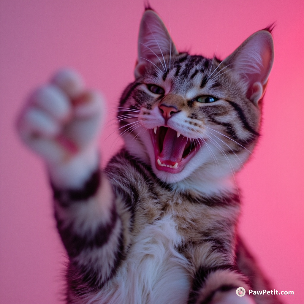 The cat extends a paw dramatically, then mimics human laughter by opening its mouth and shaking its whole body.